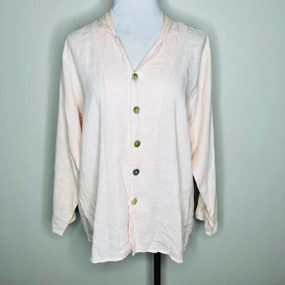 FLAX by Jeanne Engelhart Button Down Shirt 100% Linen SMALL Light Pink Oversized - Picture 2 of 8